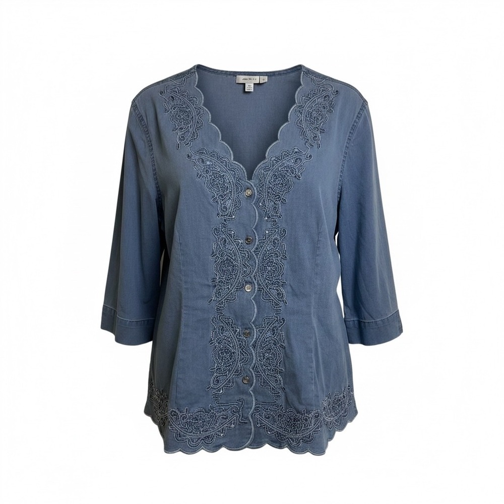 Lafei-Nier Blue Embroidered Scalloped Snap Front Top Rhinestone Accents Large